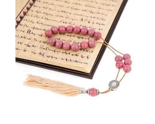 Greek Worry Beads or Komboloi - Handmade, Pink Rhodonite Gemstone Beads with Alpaca Metal Parts on Pure Silk Cord & Rich Tassel