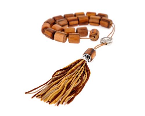 Greek Worry Beads or Komboloi - Handmade, Sandalwood Beads with Alpaca Metal Parts, Pure Silk Cord & Rich Tassel