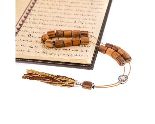 Greek Worry Beads or Komboloi - Handmade, Sandalwood Beads with Alpaca Metal Parts, Pure Silk Cord & Rich Tassel