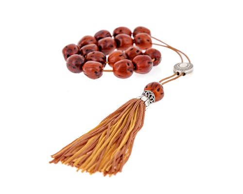 Greek Worry Beads or Komboloi - Handmade, Tan Nutmeg Seed Aromatic Beads with Alpaca Metal Parts on Pure Silk Cord & Rich Tassel