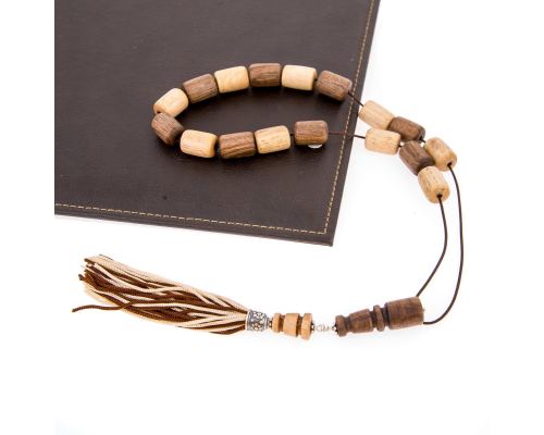 Greek Worry Beads or Komboloi - Handmade of Walnut & Orange Wood Beads with 925 Sterling Silver Metal Parts on Pure Silk Cord & Tassel