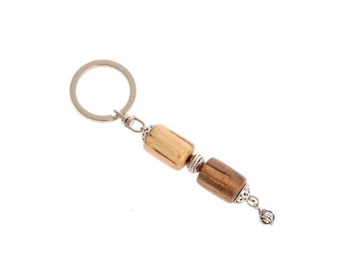 Key Holder Ring, Walnut & Orange Wood Beads & Alpaca Metal Parts