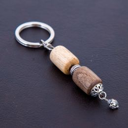 Key Holder Ring, Walnut & Orange Wood Beads & Alpaca Metal Parts