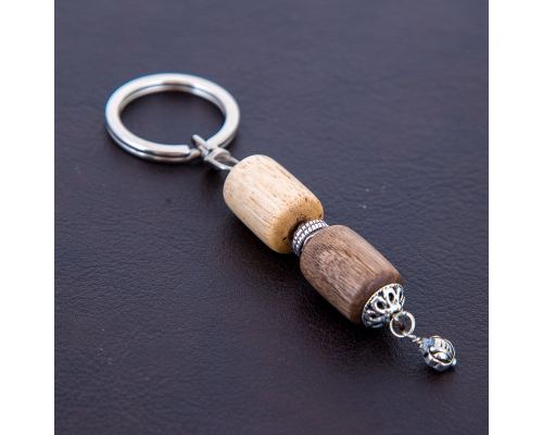 Key Holder Ring, Walnut & Orange Wood Beads & Alpaca Metal Parts