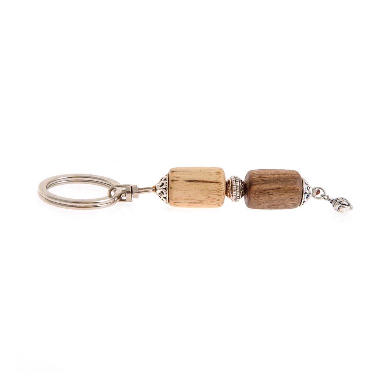 Key Holder Ring, Walnut & Orange Wood Beads & Alpaca Metal Parts