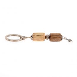 Key Holder Ring, Walnut & Orange Wood Beads & Alpaca Metal Parts