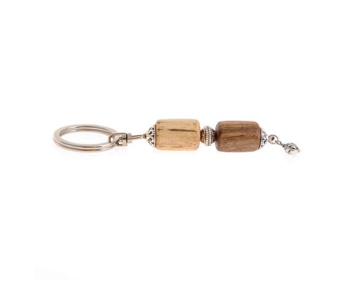 Key Holder Ring, Walnut & Orange Wood Beads & Alpaca Metal Parts