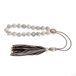 Greek Worry Beads or Komboloi - Handmade, White Howlite Gemstone Beads with Alpaca Metal Parts on Pure Silk Cord & Rich Tassel