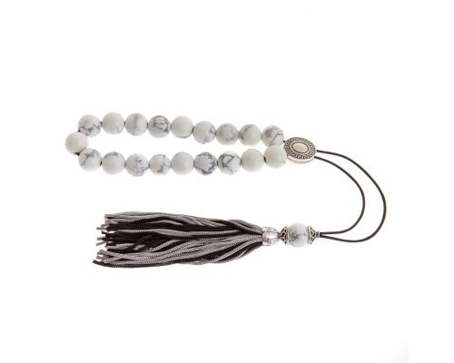 Greek Worry Beads or Komboloi - Handmade, White Howlite Gemstone Beads with Alpaca Metal Parts on Pure Silk Cord & Rich Tassel