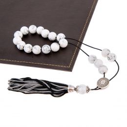 Greek Worry Beads or Komboloi - Handmade, White Howlite Gemstone Beads with Alpaca Metal Parts on Pure Silk Cord & Rich Tassel