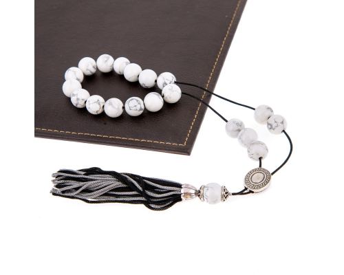 Greek Worry Beads or Komboloi - Handmade, White Howlite Gemstone Beads with Alpaca Metal Parts on Pure Silk Cord & Rich Tassel