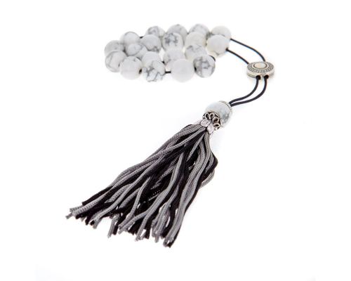 Greek Worry Beads or Komboloi - Handmade, White Howlite Gemstone Beads with Alpaca Metal Parts on Pure Silk Cord & Rich Tassel