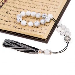 Greek Worry Beads or Komboloi - Handmade, White Howlite Gemstone Beads with Alpaca Metal Parts on Pure Silk Cord & Rich Tassel