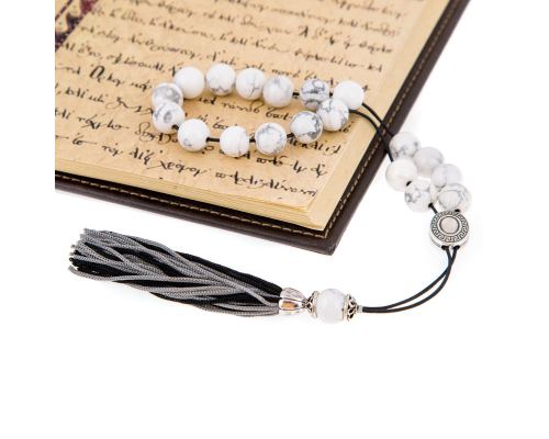 Greek Worry Beads or Komboloi - Handmade, White Howlite Gemstone Beads with Alpaca Metal Parts on Pure Silk Cord & Rich Tassel