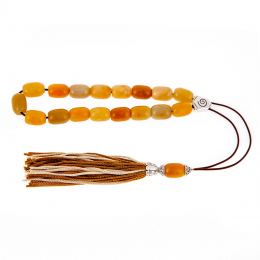 Greek Worry Beads or Komboloi - Handmade, Yellow Jade Gemstone with Alpaca Metal Parts on Pure Silk Cord & Tassel