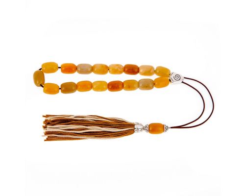 Greek Worry Beads or Komboloi - Handmade, Yellow Jade Gemstone with Alpaca Metal Parts on Pure Silk Cord & Tassel