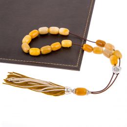 Greek Worry Beads or Komboloi - Handmade, Yellow Jade Gemstone with Alpaca Metal Parts on Pure Silk Cord & Tassel