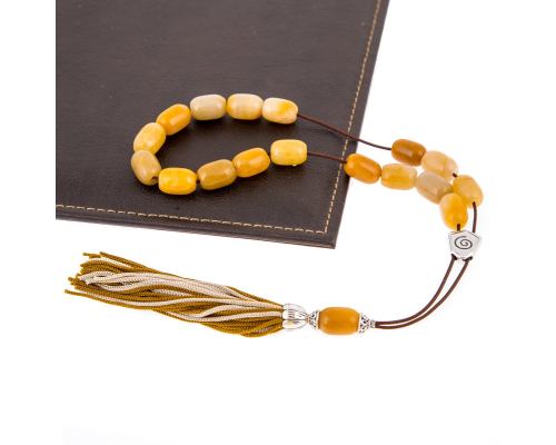 Greek Worry Beads or Komboloi - Handmade, Yellow Jade Gemstone with Alpaca Metal Parts on Pure Silk Cord & Tassel