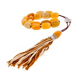 Greek Worry Beads or Komboloi - Handmade, Yellow Jade Gemstone with Alpaca Metal Parts on Pure Silk Cord & Tassel