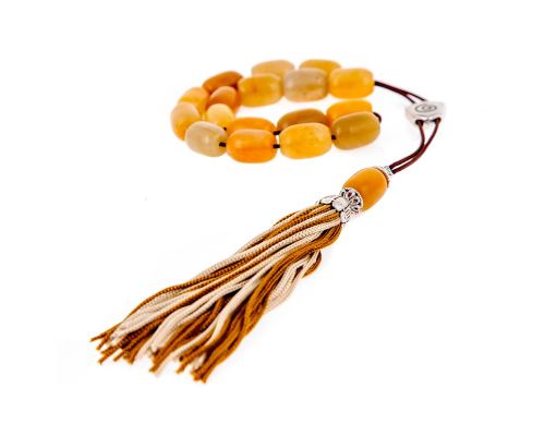 Greek Worry Beads or Komboloi - Handmade, Yellow Jade Gemstone with Alpaca Metal Parts on Pure Silk Cord & Tassel