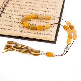 Greek Worry Beads or Komboloi - Handmade, Yellow Jade Gemstone with Alpaca Metal Parts on Pure Silk Cord & Tassel