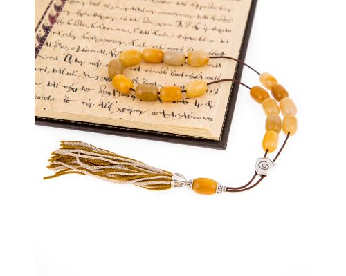 Greek Worry Beads or Komboloi - Handmade, Yellow Jade Gemstone with Alpaca Metal Parts on Pure Silk Cord & Tassel