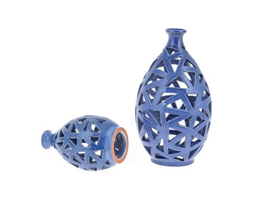 Tea light Candle Lanterns Set of 2, Glossy Blue Color - Modern Handmade Ceramic - Large & Small