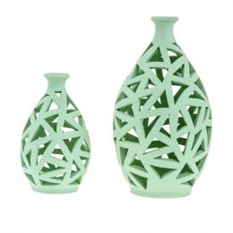 Tea light Candle Lanterns Set of 2, Green Color - Modern Handmade Ceramic - Large & Small