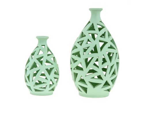 Tea light Candle Lanterns Set of 2, Green Color - Modern Handmade Ceramic - Large & Small