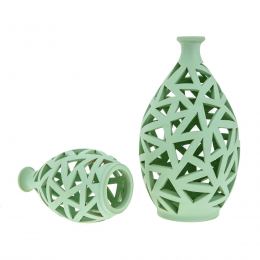 Tea light Candle Lanterns Set of 2, Green Color - Modern Handmade Ceramic - Large & Small