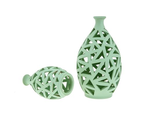 Tea light Candle Lanterns Set of 2, Green Color - Modern Handmade Ceramic - Large & Small