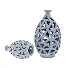 Tea light Candle Lanterns Set of 2, Grey Color - Modern Handmade Ceramic - Large & Small