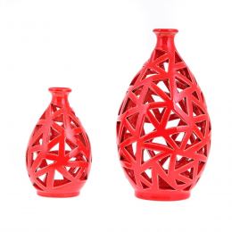 Tea light Candle Lanterns Set of 2, Glossy Red Color - Modern Handmade Ceramic - Large & Small
