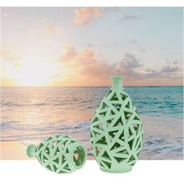 Tea light Candle Lanterns Set of 2, Green Color - Modern Handmade Ceramic - Large & Small