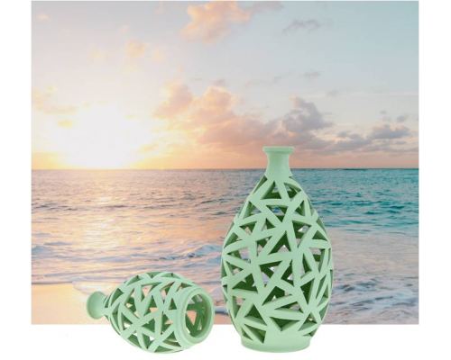 Tea light Candle Lanterns Set of 2, Green Color - Modern Handmade Ceramic - Large & Small