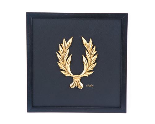 Laurel Wreath Design - Gold Patinated & Black Leather - Wall or Table Ornament - 11.8'' (30cm)