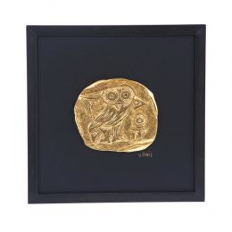 Antefix, Laurel wreath, Athenian Owl Coin, Designs - Gold Patinated on Black Leather, Set - Wall or Table Ornaments