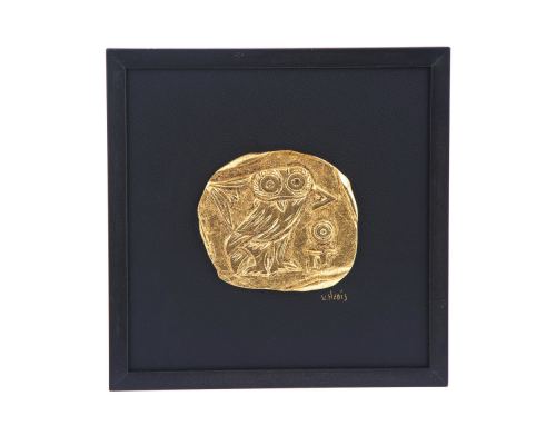 Antefix, Laurel wreath, Athenian Owl Coin, Designs - Gold Patinated on Black Leather, Set - Wall or Table Ornaments