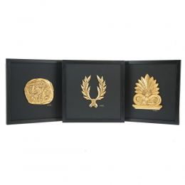 Antefix, Laurel wreath, Athenian Owl Coin, Designs - Gold Patinated on Black Leather, Set - Wall or Table Ornaments