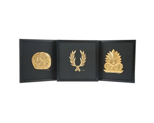 Antefix, Laurel wreath, Athenian Owl Coin, Designs - Gold Patinated on Black Leather, Set - Wall or Table Ornaments