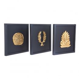 Antefix, Laurel wreath, Athenian Owl Coin, Designs - Gold Patinated on Black Leather, Set - Wall or Table Ornaments