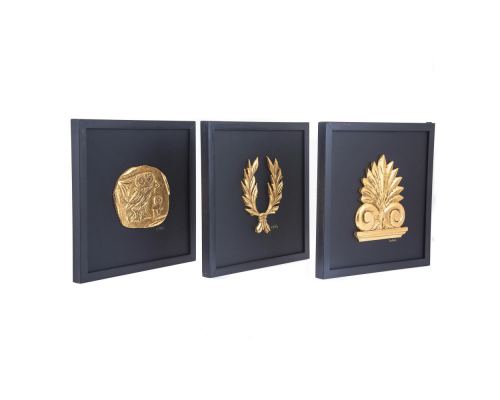 Antefix, Laurel wreath, Athenian Owl Coin, Designs - Gold Patinated on Black Leather, Set - Wall or Table Ornaments