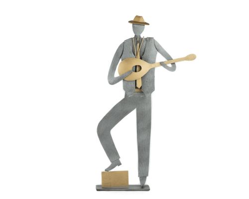 "Bouzouki" Player, Musician Figurine, Handmade Modern Metal Wall Art & Tabletop Decor Sculpture 9.5" (24cm)