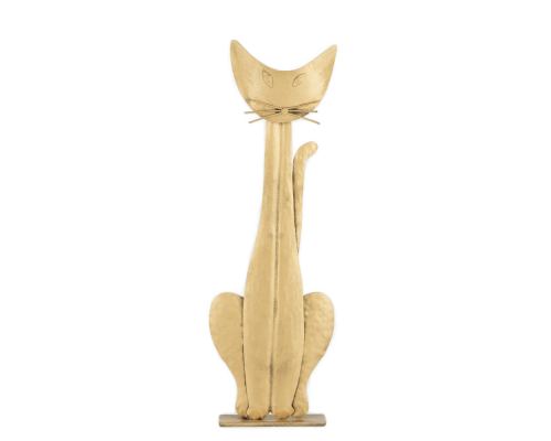 Cat Figure - Wall Art & Tabletop Decor, Handmade Metal Sculpture - Gold Color 11.0" (28cm)