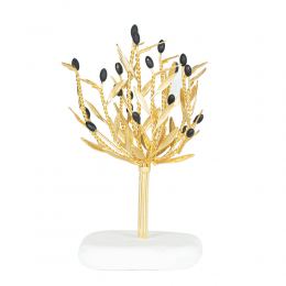 Decorative Olive Tree, Handmade of Brass with Golden Patina, Black Olives on White Marble Base, 20cm (7.9'')