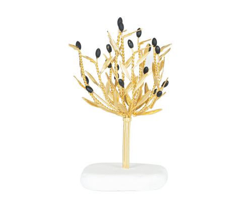 Decorative Olive Tree, Handmade of Brass with Golden Patina, Black Olives on White Marble Base, 20cm (7.9'')