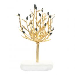 Decorative Olive Tree, Handmade of Brass with Golden Patina, Black Olives on White Marble Base, 20cm (7.9'')