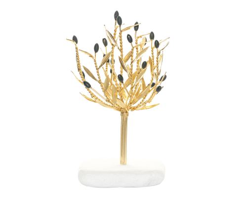 Decorative Olive Tree, Handmade of Brass with Golden Patina, Black Olives on White Marble Base, 20cm (7.9'')