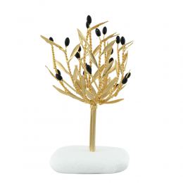 Decorative Olive Tree, Handmade of Brass with Golden Patina, Black Olives on White Marble Base, 20cm (7.9'')