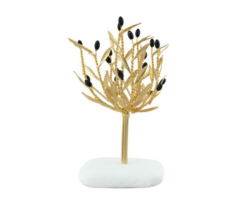 Decorative Olive Tree, Handmade of Brass with Golden Patina, Black Olives on White Marble Base, 20cm (7.9'')